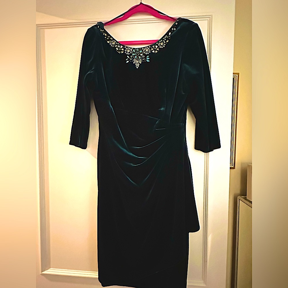 Emerald green velvet dress with beaded neckline